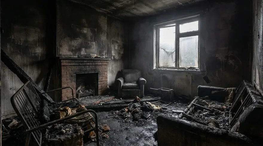 Living room after fire damage