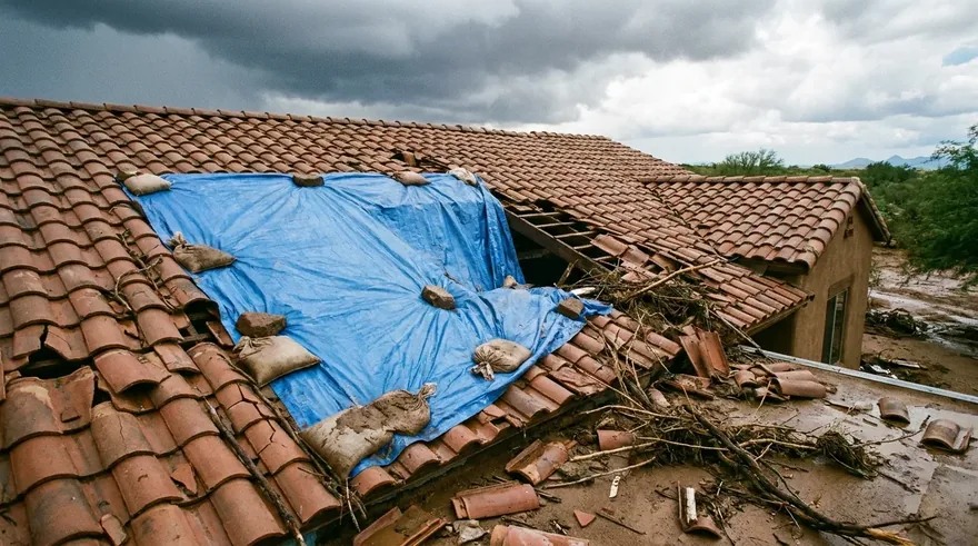 Clay tile roof damaged after a monsoon storm