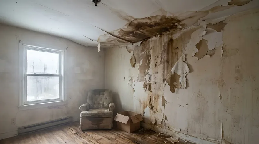Water-damaged ceiling before restoration