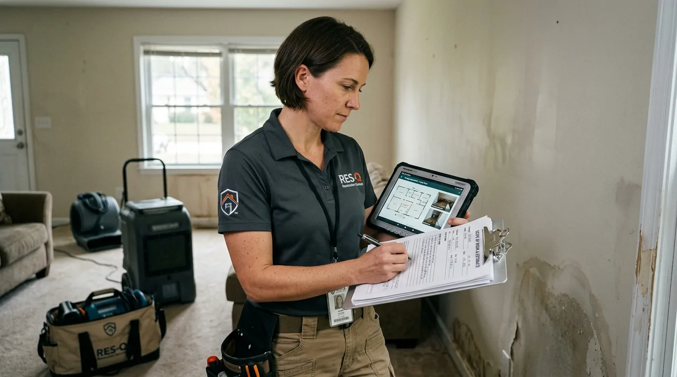 Restoration professional documenting home damage for an insurance claim
