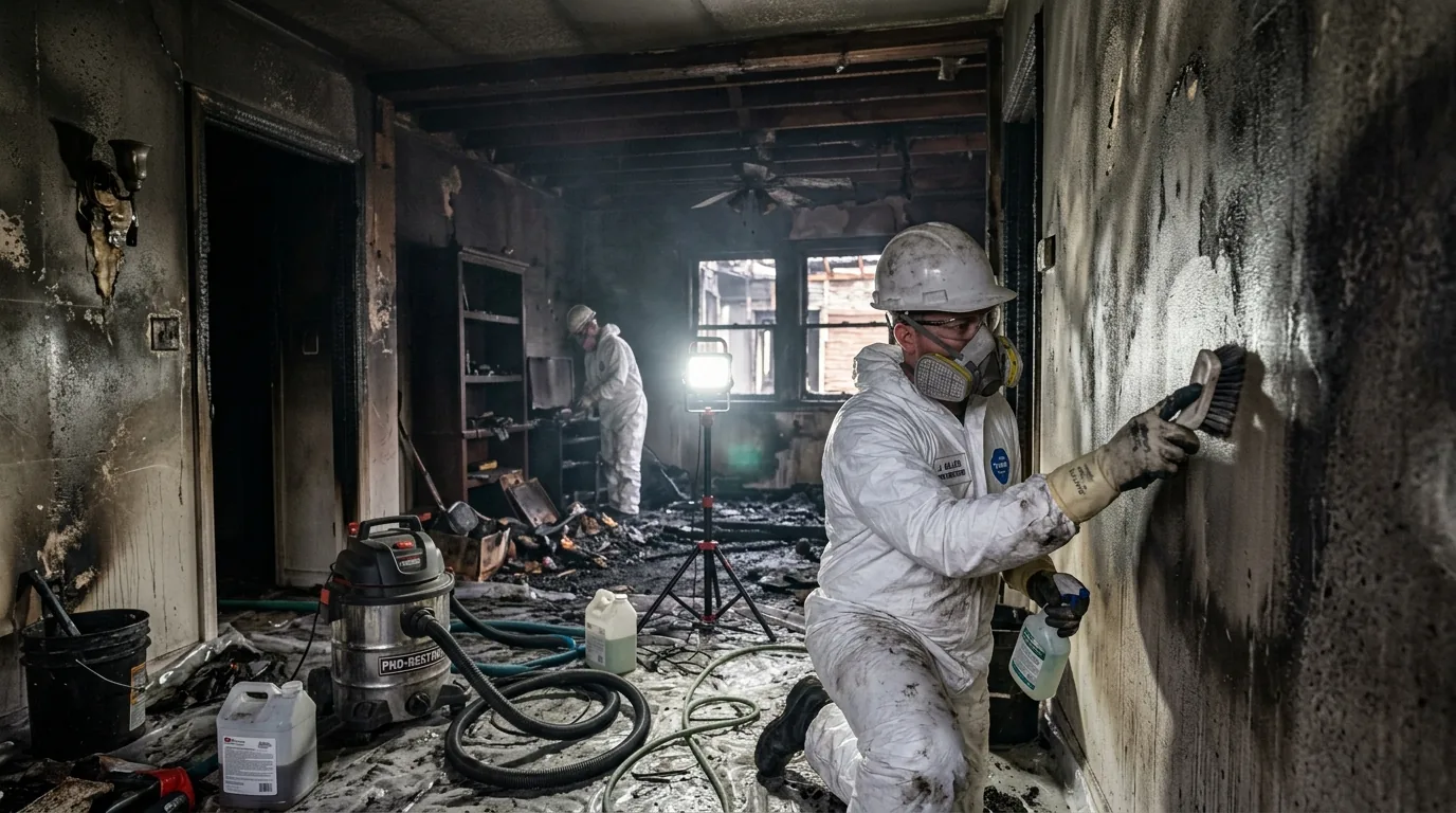 Technician cleaning soot and smoke damage after a fire