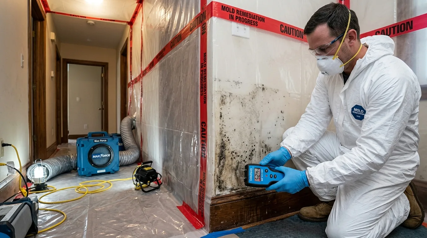 Mold remediation — moisture meter revealing hidden moisture behind a baseboard
