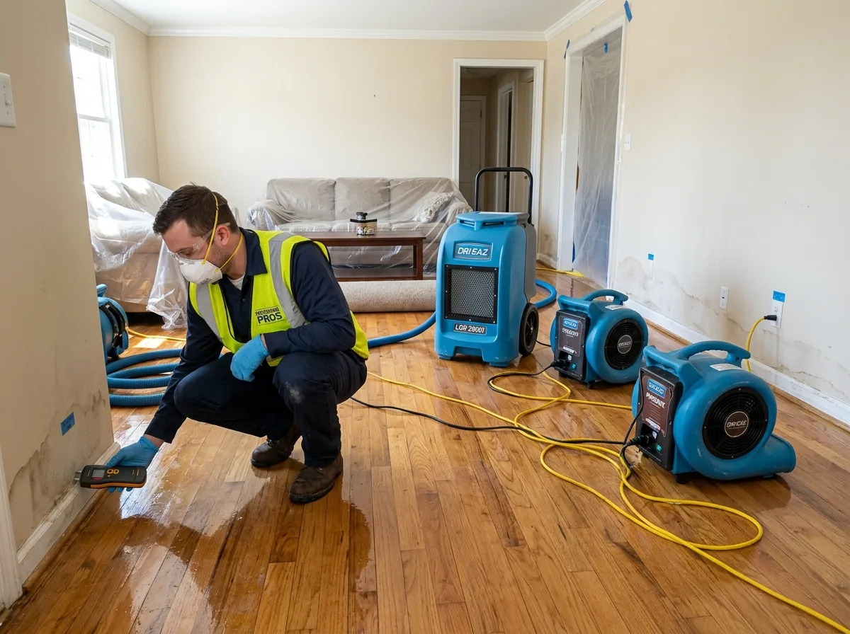 Armory technician drying a water-damaged room with restoration equipment
