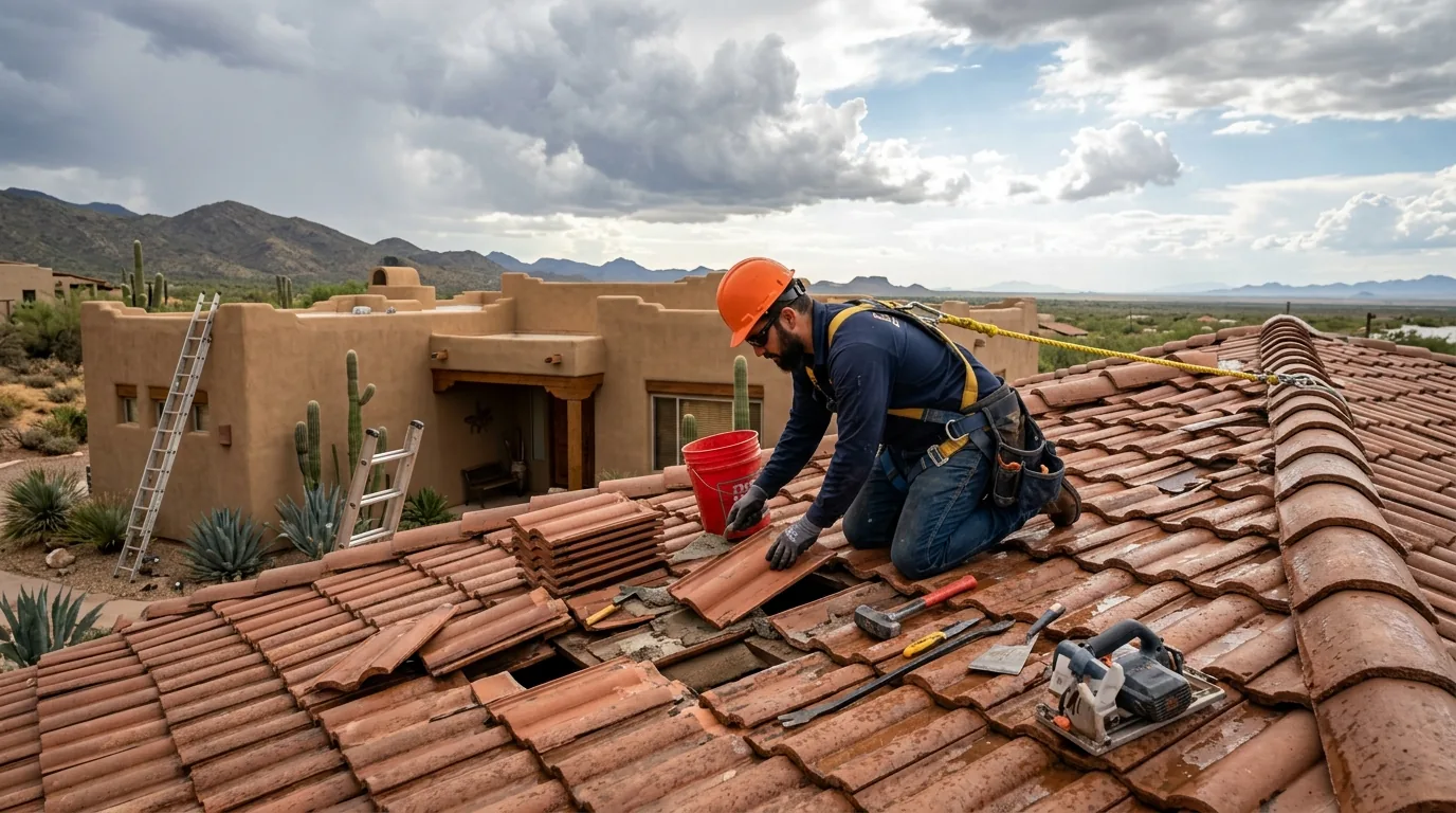 Roofer repairing a monsoon-damaged clay tile roof